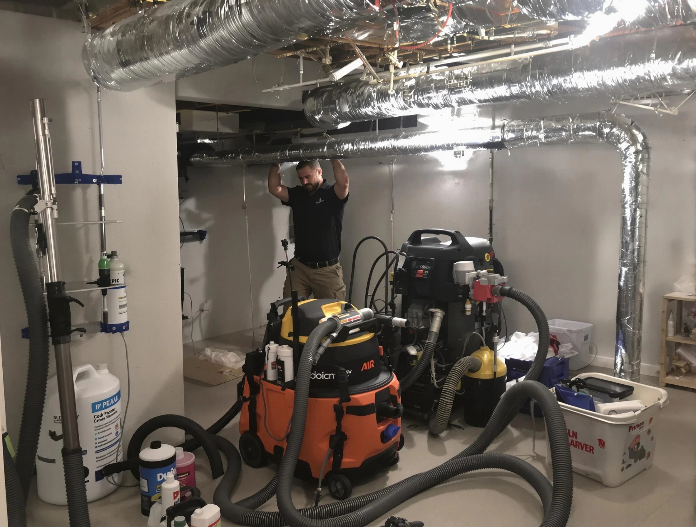 Woburn Air Duct Cleaning specialist performing professional mold removal from air ducts using safety equipment in Woburn