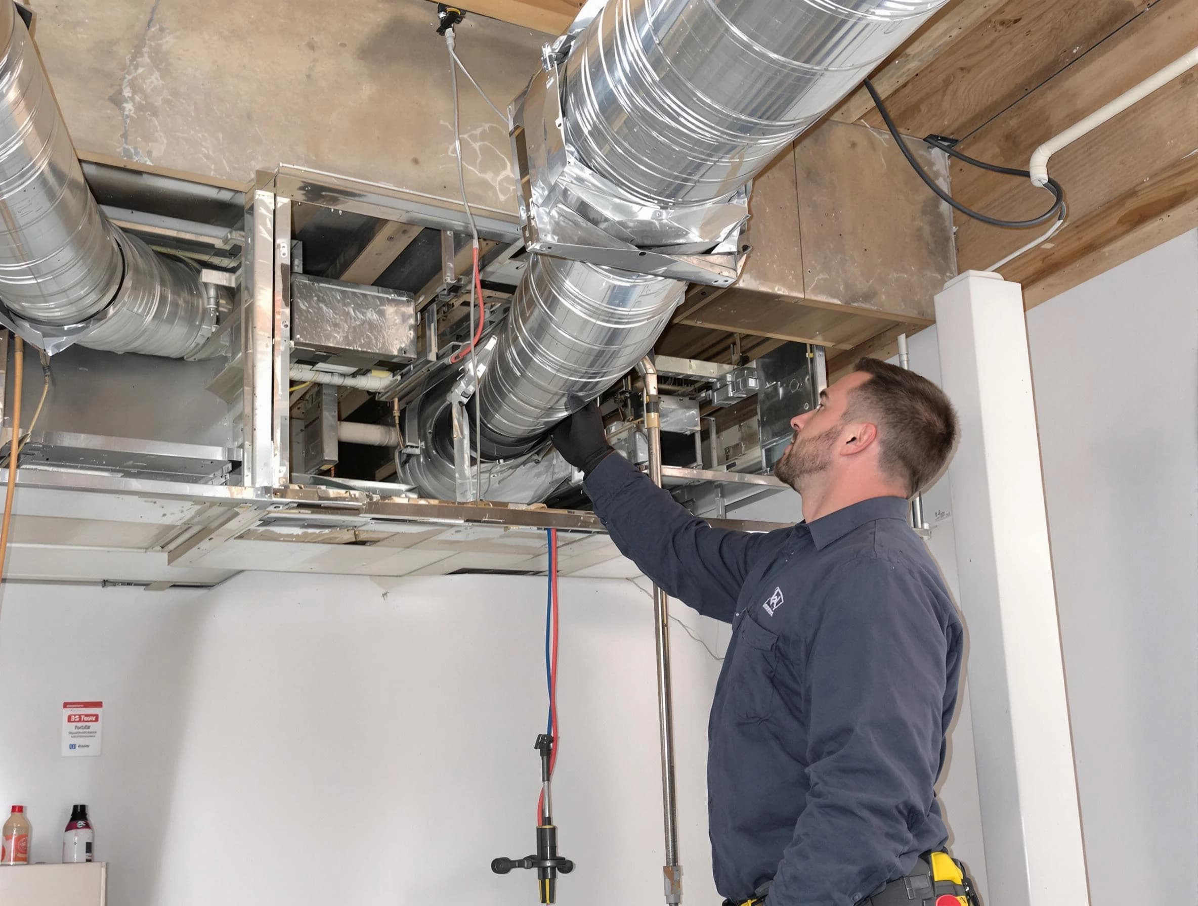 Woburn Air Duct Cleaning technician performing professional air duct repair using specialized tools in Woburn