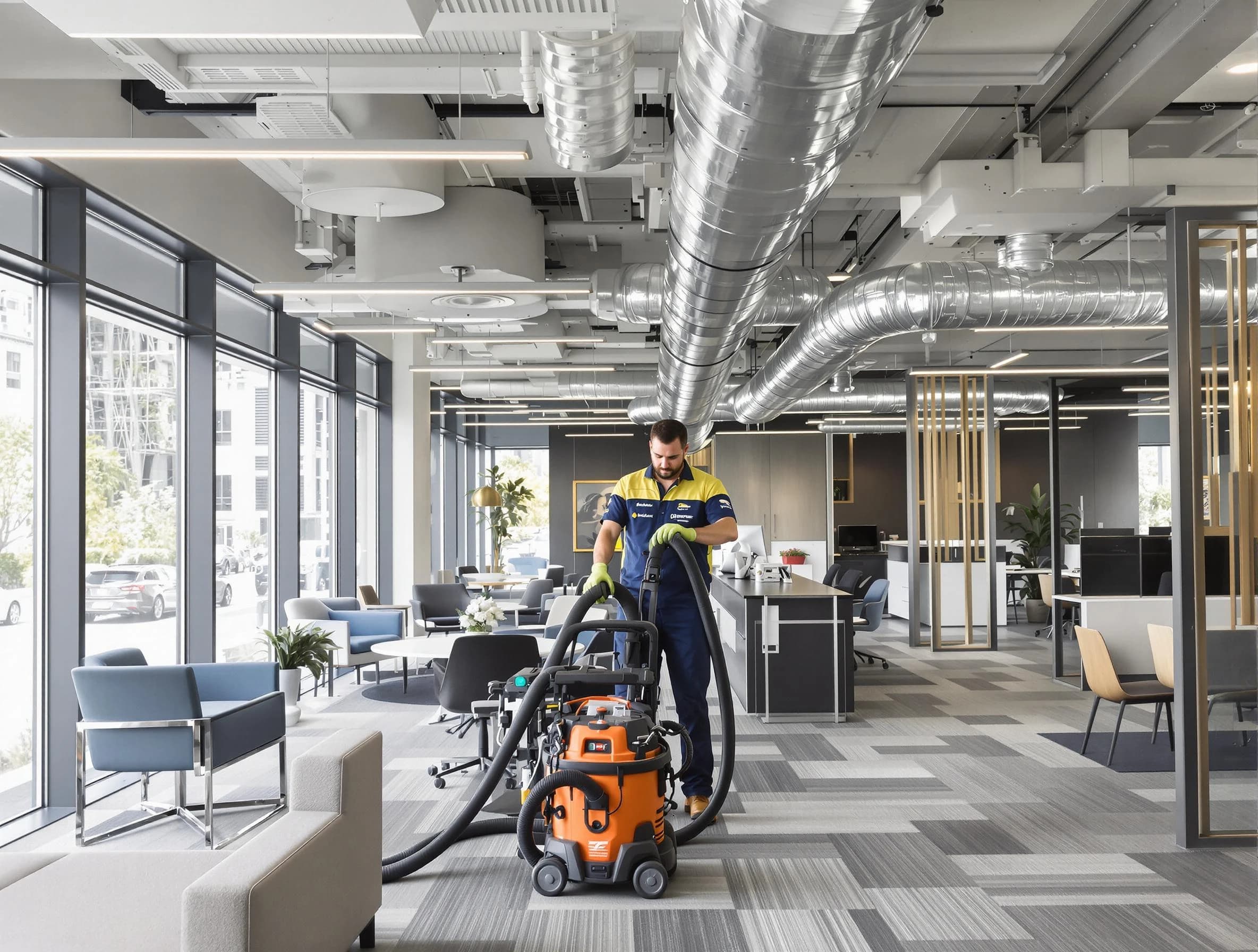 Woburn Air Duct Cleaning team performing thorough commercial duct cleaning at a Woburn business center