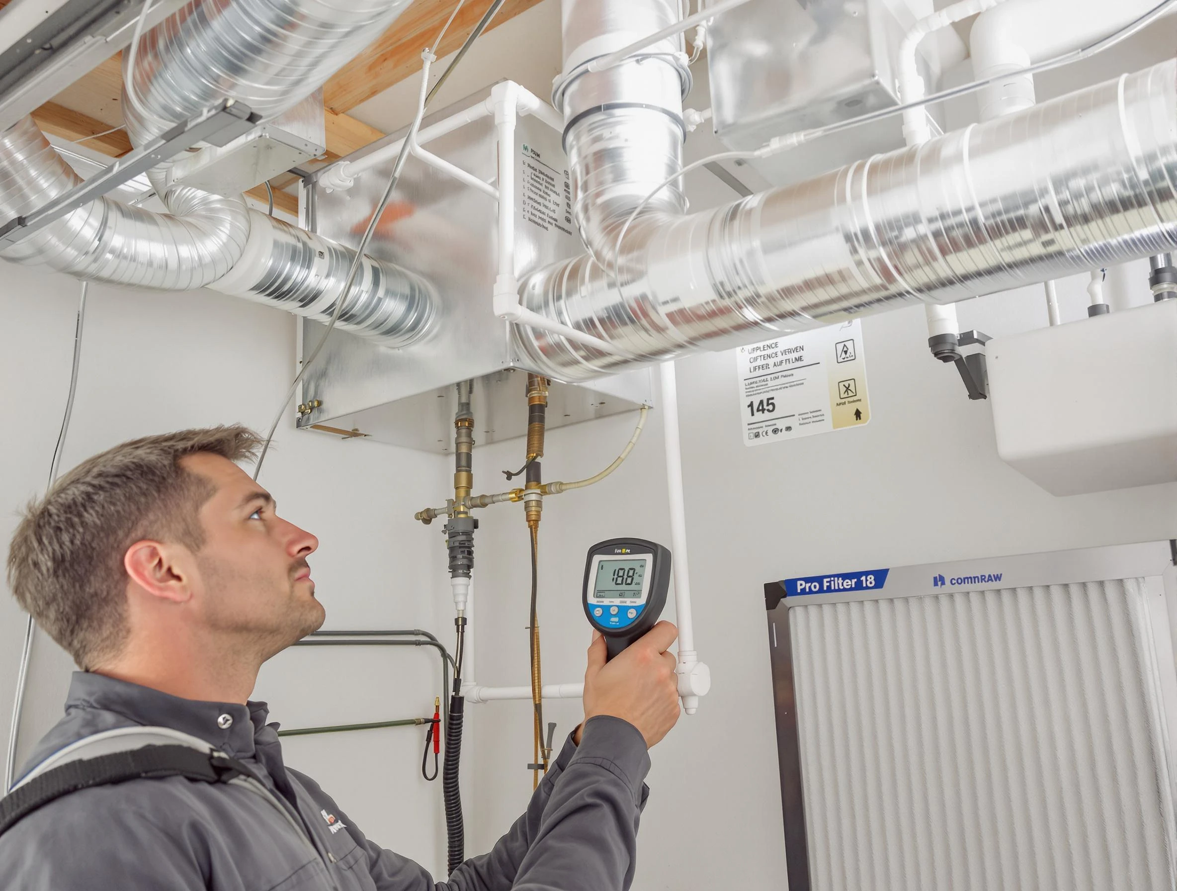 Woburn Air Duct Cleaning expert conducting detailed filter system inspection using diagnostic tools in Woburn
