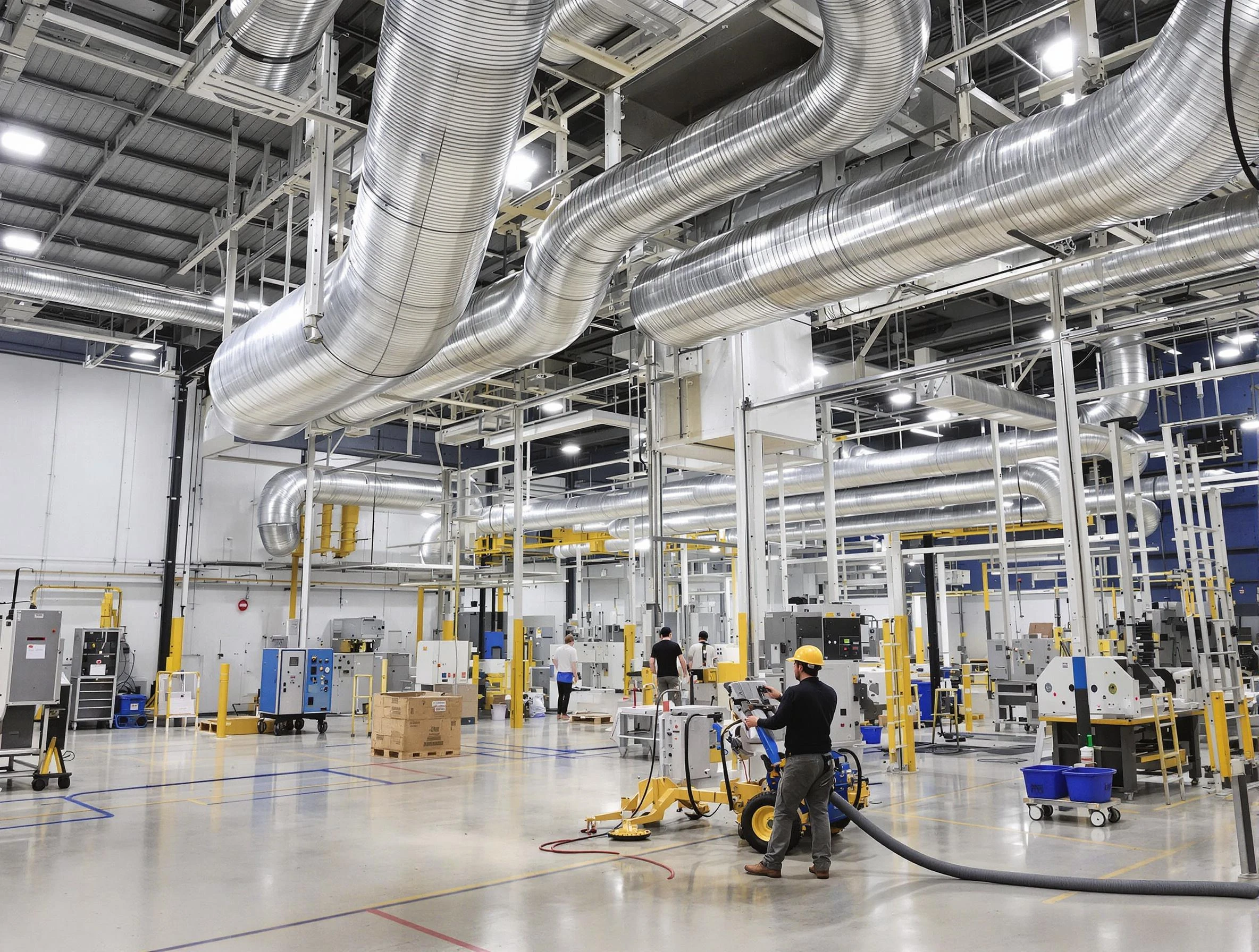 Woburn Air Duct Cleaning team performing comprehensive industrial duct cleaning at a large facility in Woburn
