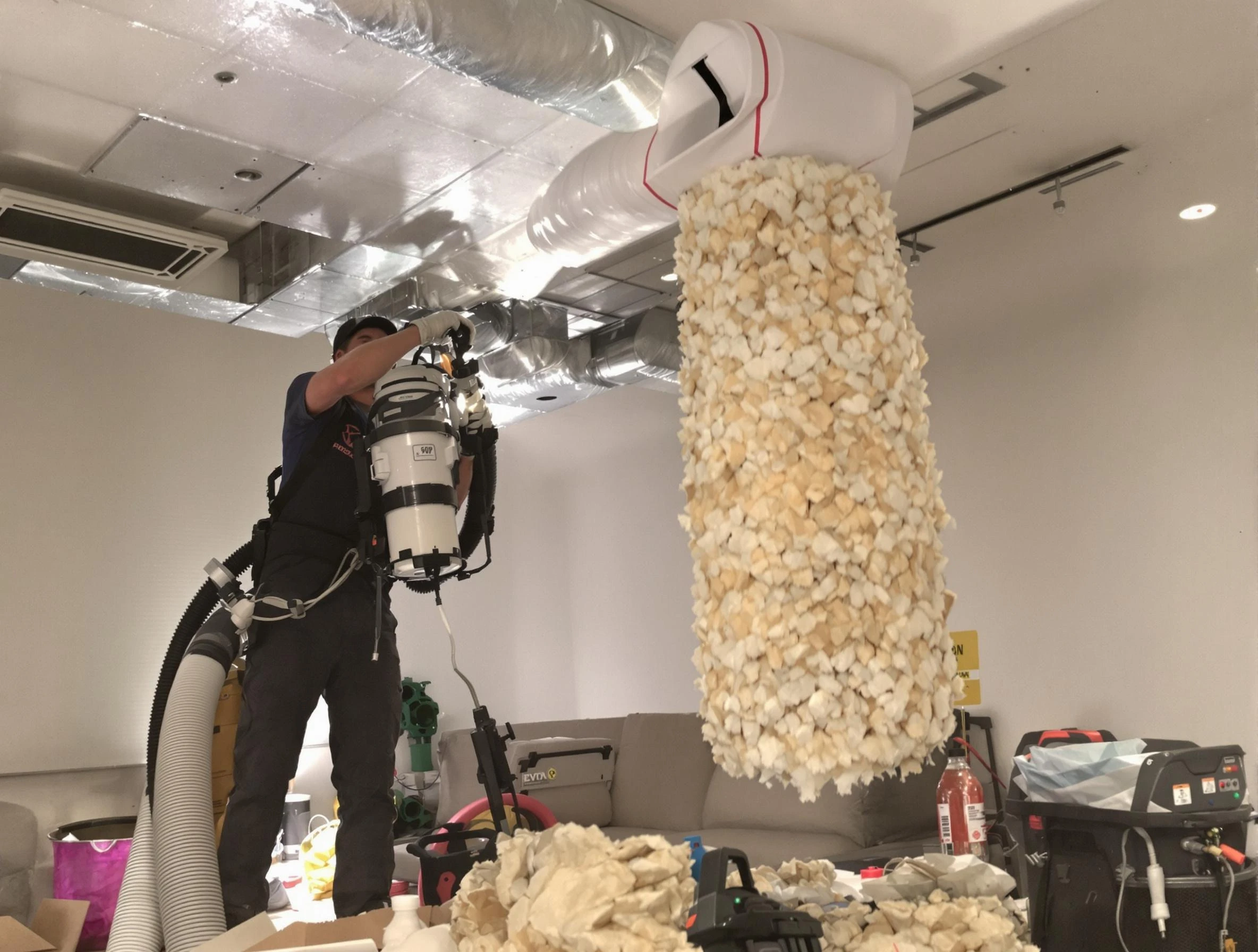 Woburn Air Duct Cleaning technician performing precision vacuum insulation removal in a residential property in Woburn